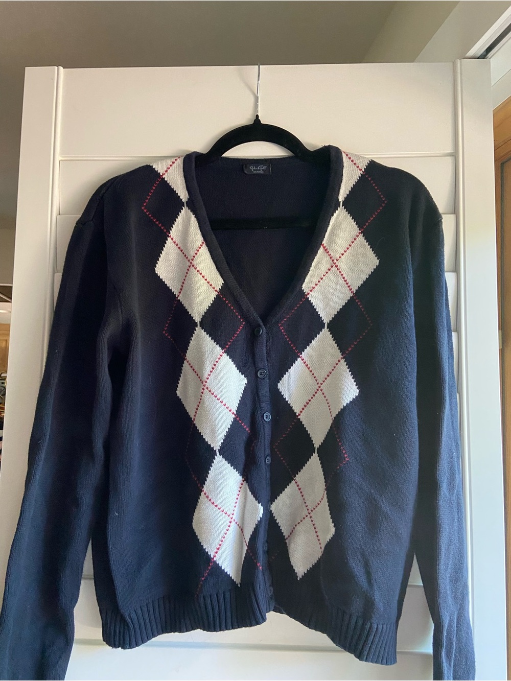 Brandy Melville Navy Argyle Cardigan with White and Red Stitching